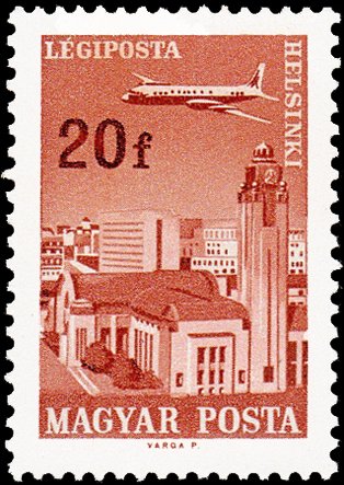 (1966-081) Марка Венгрия "Хельсинки"    Авиационные почтовые марки: города и самолеты I &Theta;