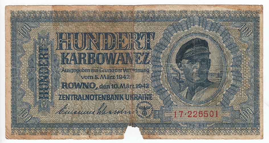 (100) Банкнота Германия (Оккупация Украины) 1942 год 100 карбованцев    UNC