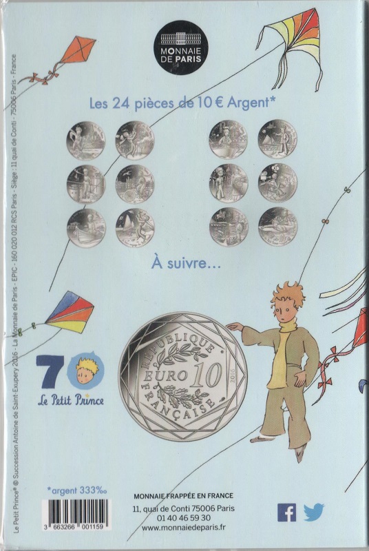 (2016) Монета Франция 2016 год 10 евро &quot;Маленький Принц и воздушный змей&quot;  Серебро Ag 333  Буклет