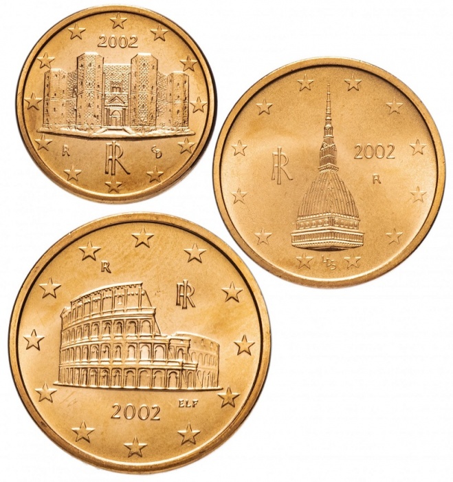 2002-2017, 3 монеты, 1, 2, 5 центов Набор монет Евро Италия Смесь годов год   UNC