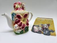 Чайник заварочный Ежики с цветком и салфетница Мышки на сыре яркие с лепниной