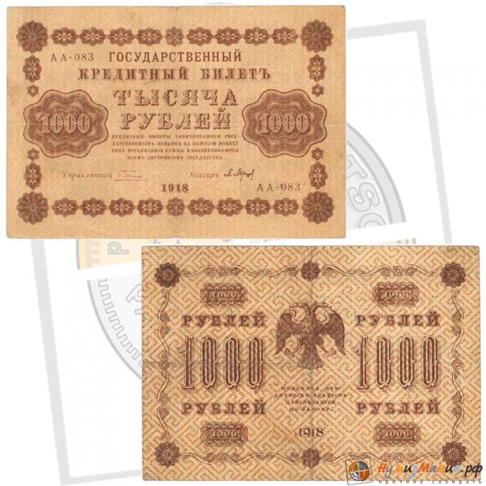 Барышев П.К. Банкнота РСФСР 1918 год 1 000 рублей  Пятаков Г.Л. Горизонтальные Вод. Знаки VF