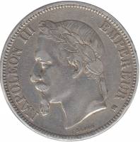 (1868) Монета Франция 1868 год 5 франков "Наполеон III"  Серебро Ag 900  VF