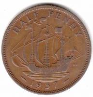 (1937) Монета Великобритания 1937 год 1/2 пенни "Галеон Золотая лань"  Медь  XF
