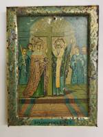Икона воздвижение Креста Господня хромолитография на жести Жако 1897 г. 8,5х6,5 см