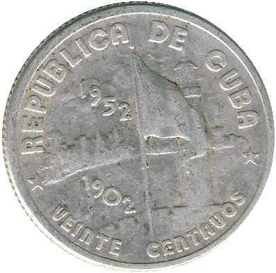 (1952) Монета Куба 1952 год 20 центаво &quot;Республика. 50 лет&quot;  Серебро Ag 900  VF