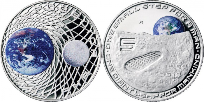 (2019) Монета Италия 2019 год 5 евро &quot;Полёт Аполлон-11 на Луну. 50 лет&quot;  Серебро Ag 925  PROOF