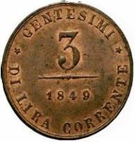 (№1849km808) Монета Италия 1849 год 3 Centesimi