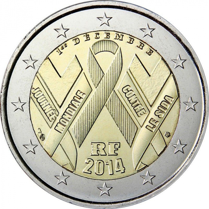 (011) Монета Франция 2014 год 2 евро &quot;День борьбы со СПИДом&quot;  Биметалл  UNC