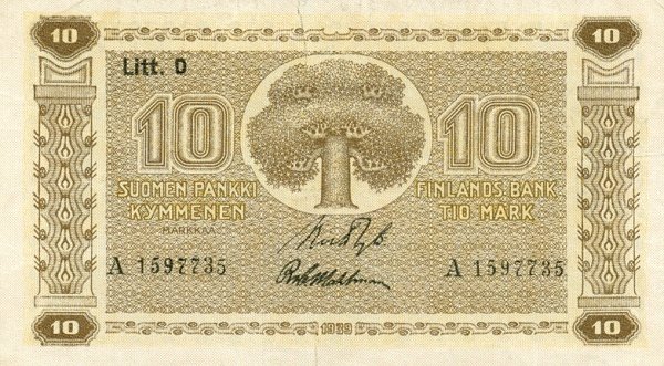 (1939 Litt D) Банкнота Финляндия 1939 год 10 марок  Ryti - Wahlman  UNC