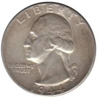 1944 Монета США 1944 год 25 центов 1. Серебро Джордж Вашингтон Серебро Ag 900  VF