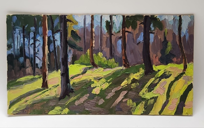 Картина Тулаев В. Н. 1979 г. Летом в лесу Пейзаж масло картон 30х16 см