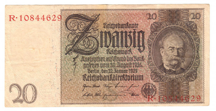 Банкнота Германия 1929 год 20 марок &quot;Портрет промышленника и изобретателя Вернера фон Сименса. Рабоч