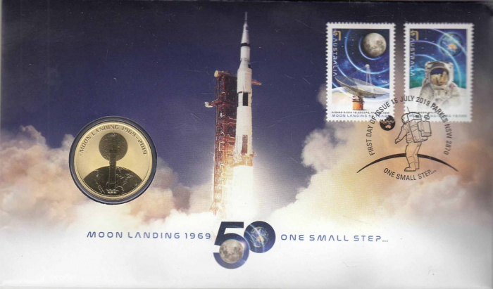 (2019) Монета Тувалу 2019 год 1 доллар &quot;Полёт Аполлон-11 на Луну. 50 лет&quot;  Бронза  Буклет с марками