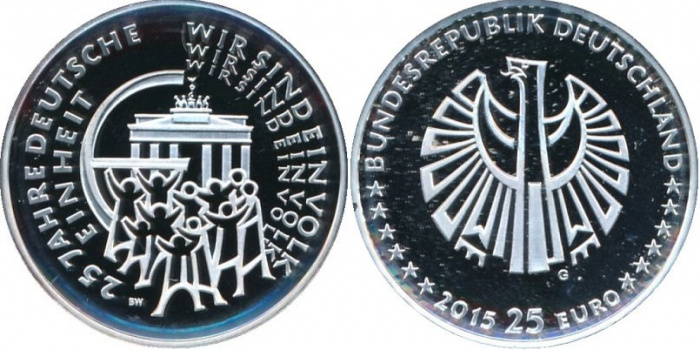 (2015g) Монета Германия (ФРГ) 2015 год 25 евро &quot;Германия. 25 лет Объединения&quot;  Серебро Ag 999  PROOF