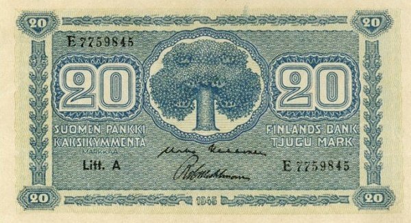 (1945 Litt A) Банкнота Финляндия 1945 год 20 марок    UNC