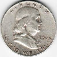 (1953d) Монета США 1953 год 50 центов   Бенджамин Франклин Серебро Ag 900  VF
