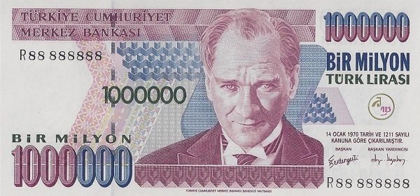 (,) Банкнота Турция 2002 год 1 000 000 лир &quot;Мустафа Кемаль Ататюрк&quot;   UNC