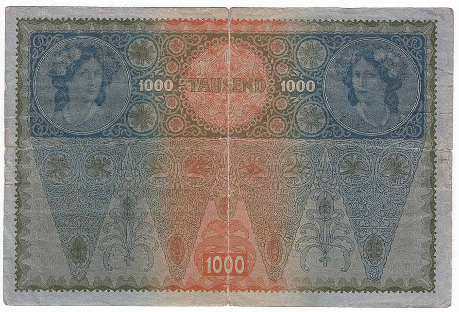 (1919) Банкнота Австро-Венгрия 1919 год 1 000 крон &quot;Горизонт надпечатка на боне 1902 года&quot;   VF