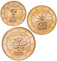 (2002-2017, 3 монеты, 1, 2, 5 центов) Набор монет Евро Австрия Смесь годов год   UNC
