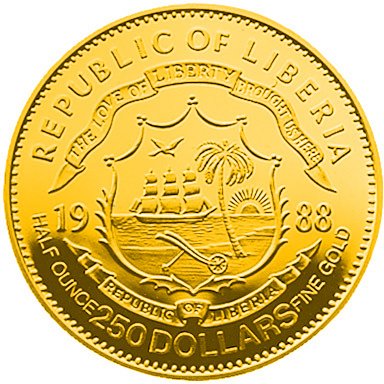 () Монета Либерия 1988 год 250  &quot;&quot;   Биметалл (Платина - Золото)  UNC