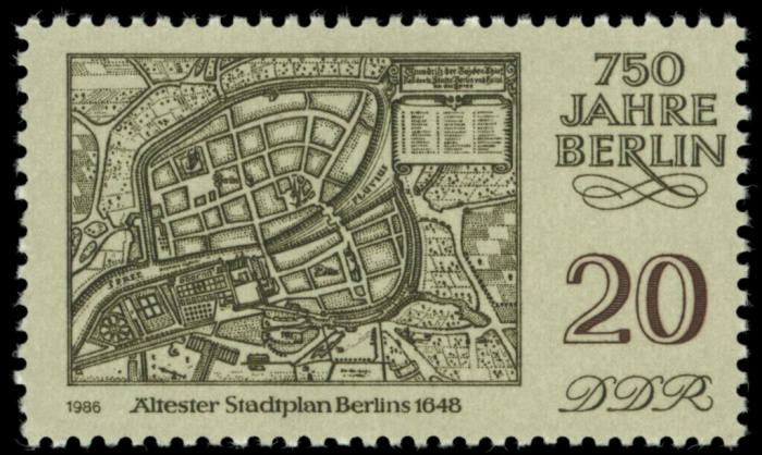 (1986-036) Марка Германия (ГДР) &quot;Карта Берлина (1648)&quot;    Берлин, 750 лет III O