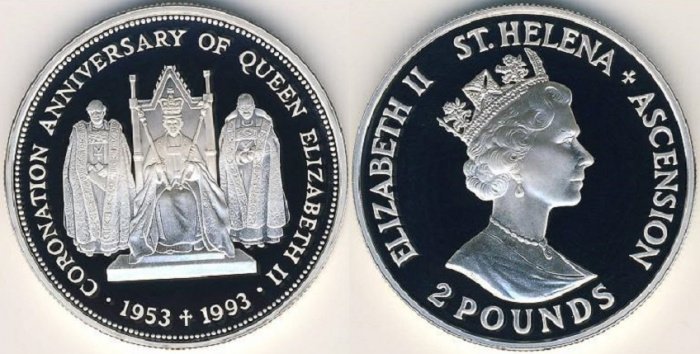 (1993) Монета О-ва Св Елены и Вознесения 1993 год 2 фунта &quot;Елизавета II 40 лет коронации&quot;  Серебро A