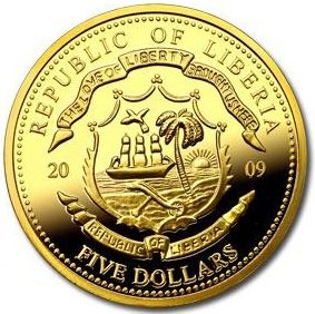 (2009) Монета Либерия 2009 год 5 долларов &quot;Барак Обама&quot;  Позолота Медно-никелевый сплав, покрытый зо