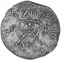 (№1689km94) Монета Ирландия 1689 год 12 Pence (Шиллинг. Большой размер)