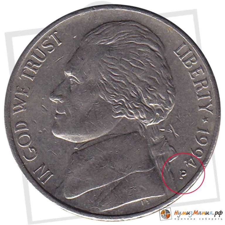 (1994p) Монета США 1994 год 5 центов   Томас Джефферсон Медь-Никель  VF