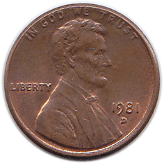 (1981d) Монета США 1981 год 1 цент   150-летие Авраама Линкольна, Мемориал Линкольна Латунь  VF