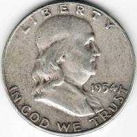 (1954d) Монета США 1954 год 50 центов   Бенджамин Франклин Серебро Ag 900  VF