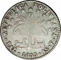 (№1855km130) Монета Боливия 1855 год 4 Soles