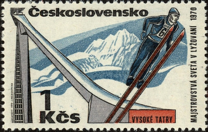 (1970-003) Марка Чехословакия &quot;Прыжки с трамплина&quot;   Чемпионат мира по лыжным гонкам FIS III Θ