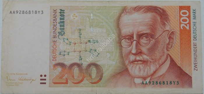 (1989) Банкнота Германия (ФРГ) 1989 год 200 марок &quot;Пауль Эрлих&quot;   VF