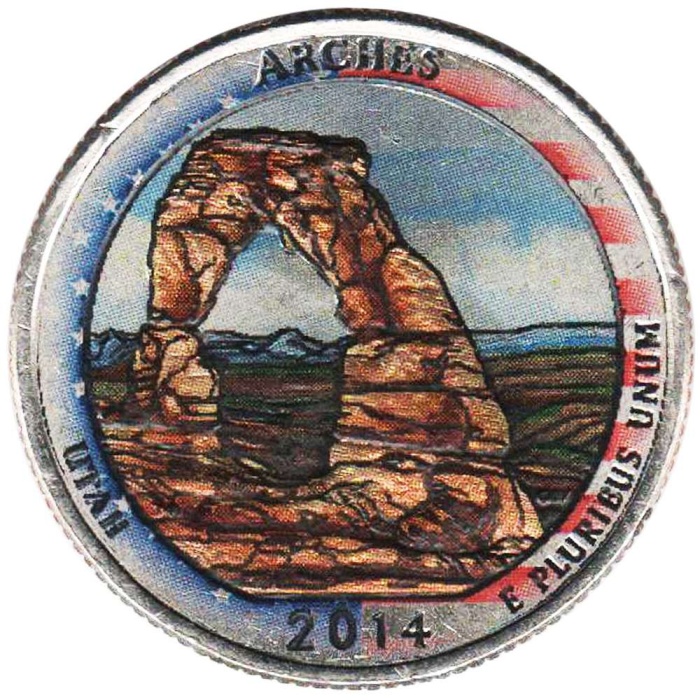 023d Монета США 2014 год 25 центов Арчес  Вариант №2 Медь-Никель  COLOR. Цветная