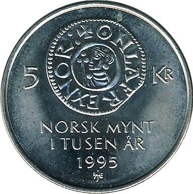 (1995) Монета Норвегия 1995 год 5 крон &quot;Чеканка монет в Норвегии 1000 лет&quot;  Медь-Никель  UNC