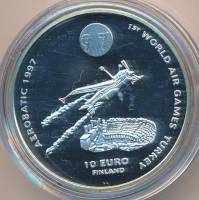(1997) Монета Финляндия 1997 год 10 евро "Самолёт над стадионом"  Серебро (Ag)  PROOF