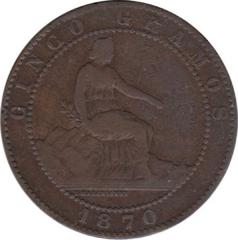 (1870) Монета Испания 1870 год 5 сантимов   Бронза  VF