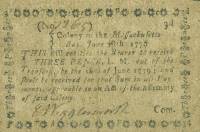 (№1776P-S1248) Банкнота США 1776 год "3 Pence "Массачусетские пенни"