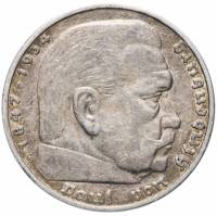 1936g Монета Германия 5 марок Пауль Гинденбург Серебро Ag 900  XF