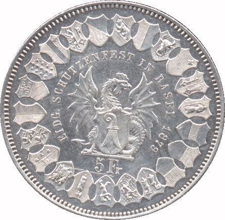 (1879) Монета Швейцария 1879 год 5 франков &quot;Базель Стрелковый фестиваль&quot;  Без лучей Серебро Ag 835  