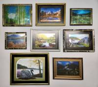 Картины металлографика 8 штук декор интерьера пейзажи лебедь горы в рамах со стеклом