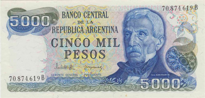 (1982) Банкнота Аргентина 1982 год 5 000 песо &quot;Хосе де Сан-Мартин&quot; Без Ley  UNC
