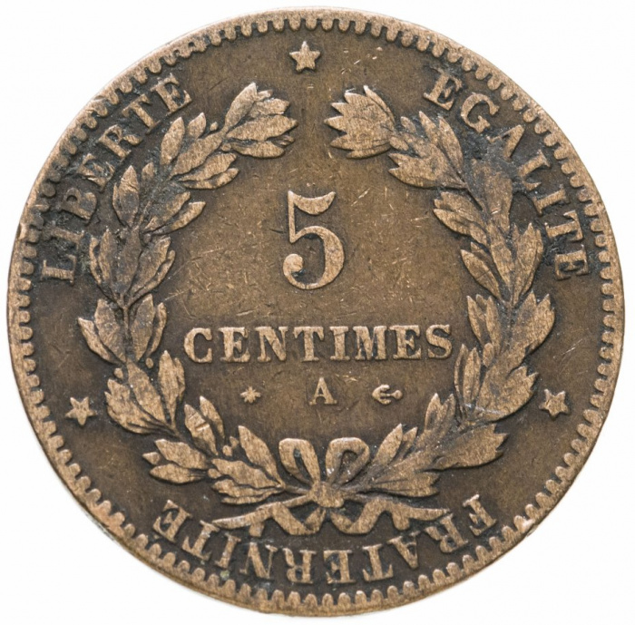 (1876) Монета Франция 1876 год 5 сантимов &quot;Марианна&quot;  Бронза  VF