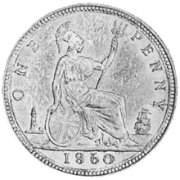(1860) Монета Великобритания 1860 год 1 пенни "Королева Виктория"  Бронза  VF