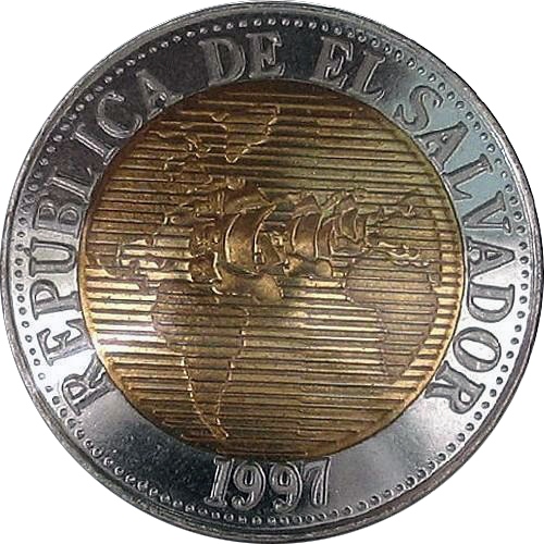 (1997) Монета Сальвадор 1997 год 5 колонов &quot;Открытие Америки. 500 лет&quot;  Проба Биметалл  UNC