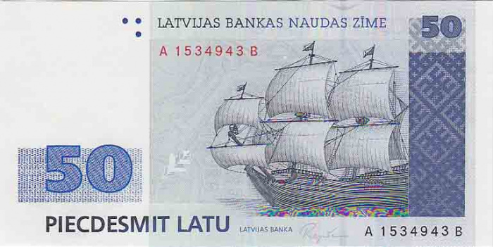 (1992) Банкнота Латвия 1992 год 50 лат &quot;Парусник&quot;   XF