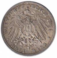 (,) Монета Германия (Бавария) 1911 год 3 марки   Серебро Ag 900  XF
