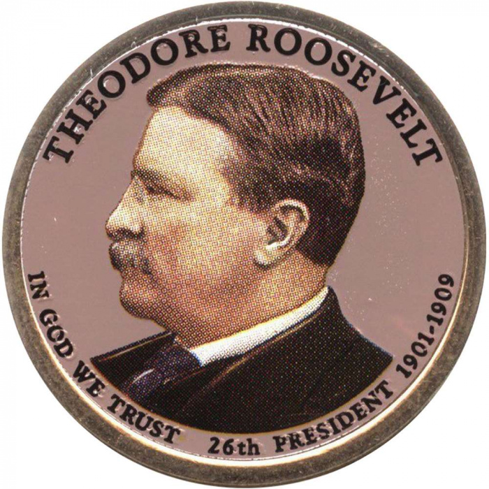 (26p) Монета США 2013 год 1 доллар &quot;Теодор Рузвельт&quot;  Вариант №1 Латунь  COLOR. Цветная